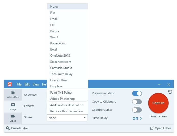 Sharing options on Snagit