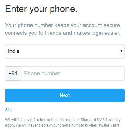 Twitter Mobile Number Asking Page