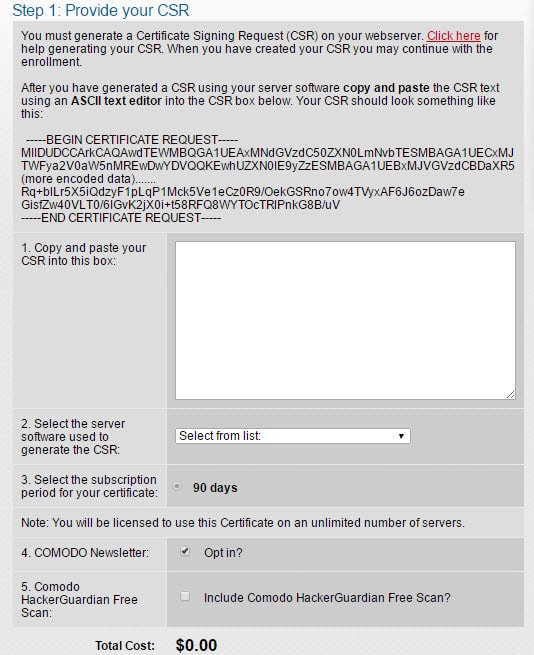 Comodo Free SSL Issuance page