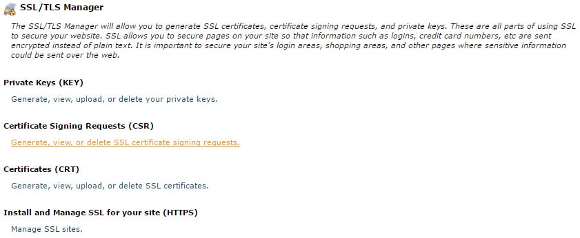 Generate, view, or delete SSL certificate signing requests