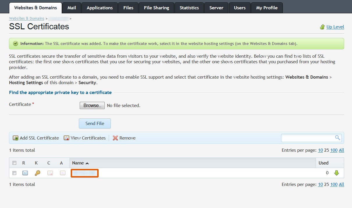 SSL Certificates Plesk