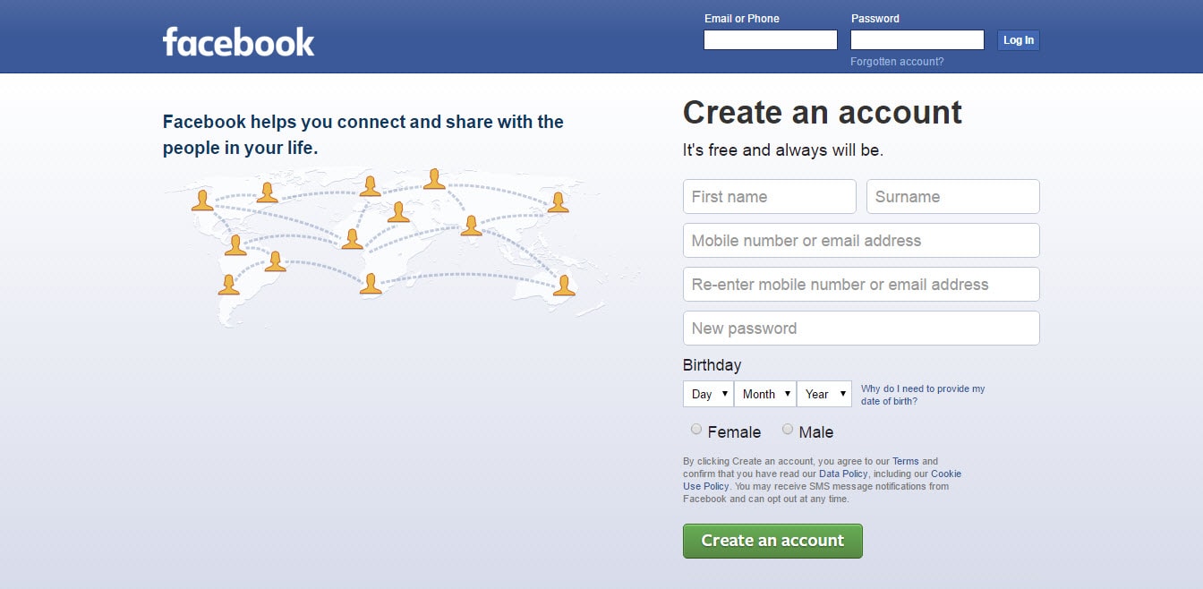Signup for Facebook
