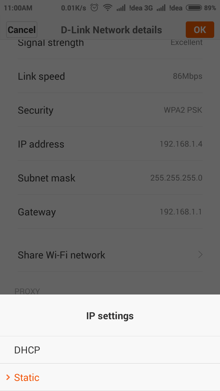 DHCP or Static on Android Wifi Settings