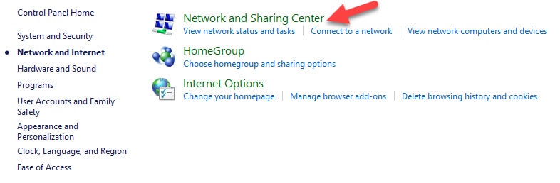 Network and Sharing Center in Network and Internet
