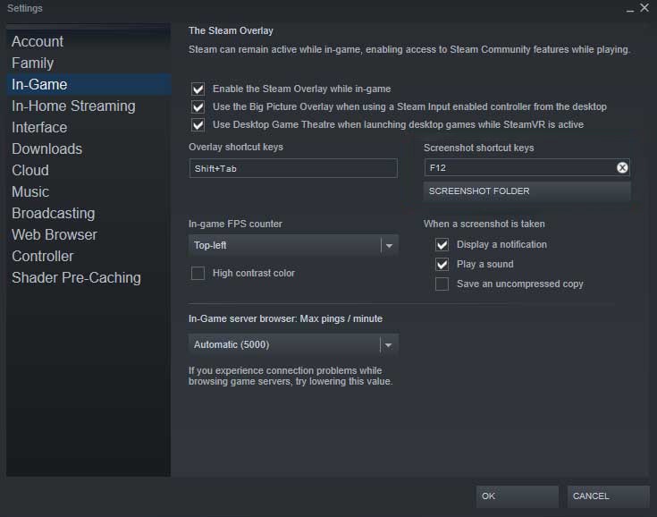 Steam Screenshot Shortcut Settings