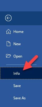 Info Tab under File Menu in Microsoft Word
