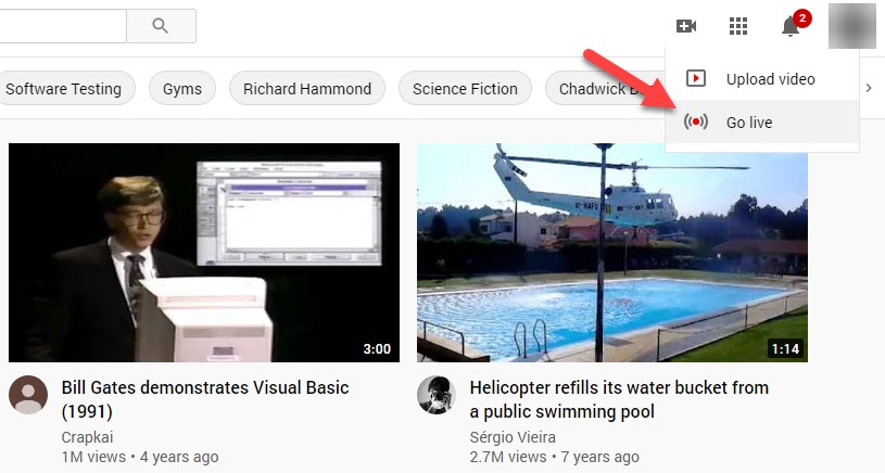 Go Live Button in YouTube