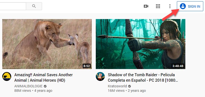 Sign in Button on YouTube