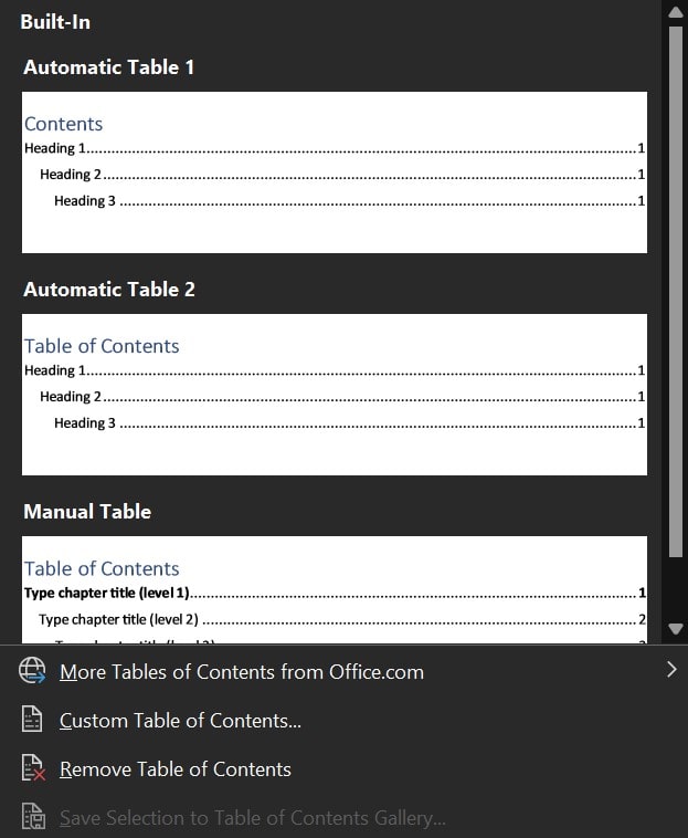 MS Word Table of Contents