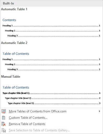 Table of Contents Styles in Microsoft Word