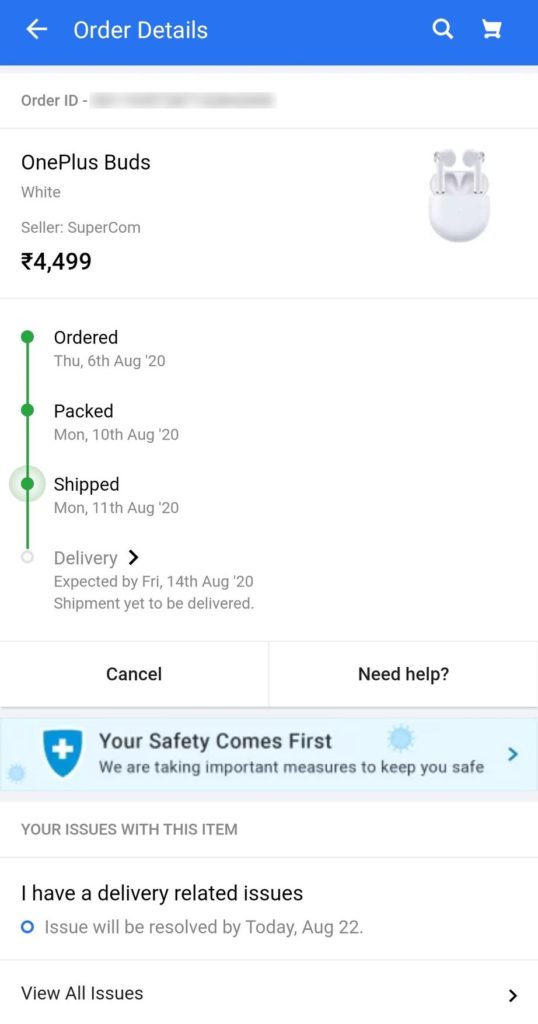 Flipkart Order Status on App