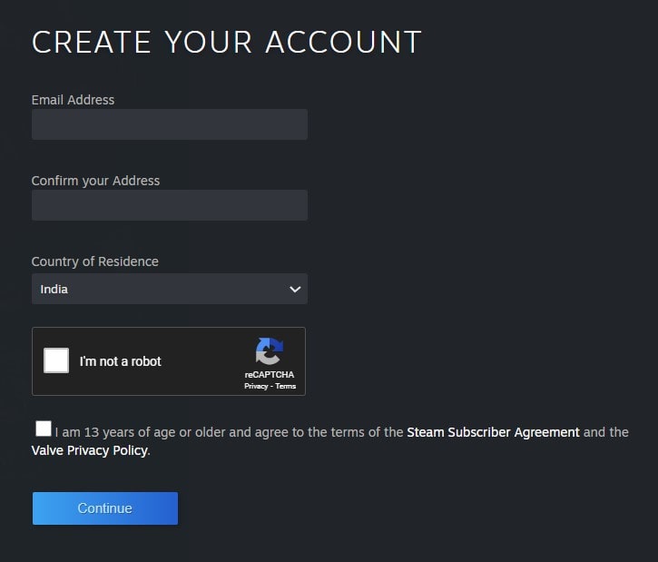 Steam Sign Up Page