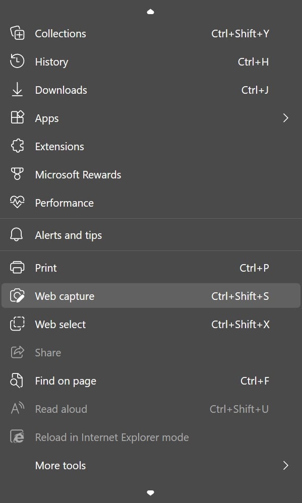 Microsoft Edge Browser Menu Highlighting Web Capture Feature